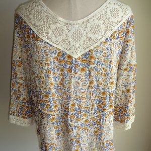 NWT New Womens White Floral Solitaire Peasant Top Shirt L Embroidery Crochet